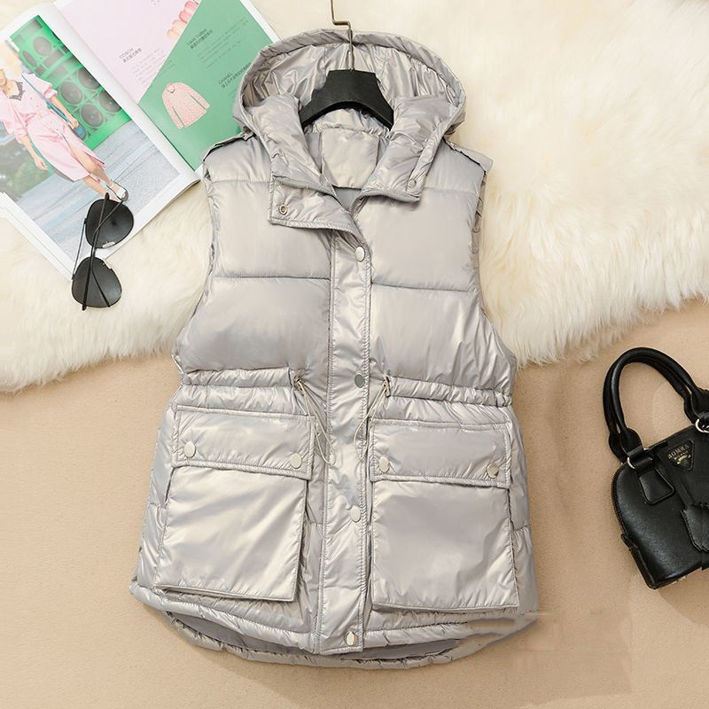 Ar kapuci spīdīga kokvilnas rāvējslēdzēja veste sieviešu matēta melna liela kabata bezpiedurknēm jaka ziemas pavasara polsterēta veste