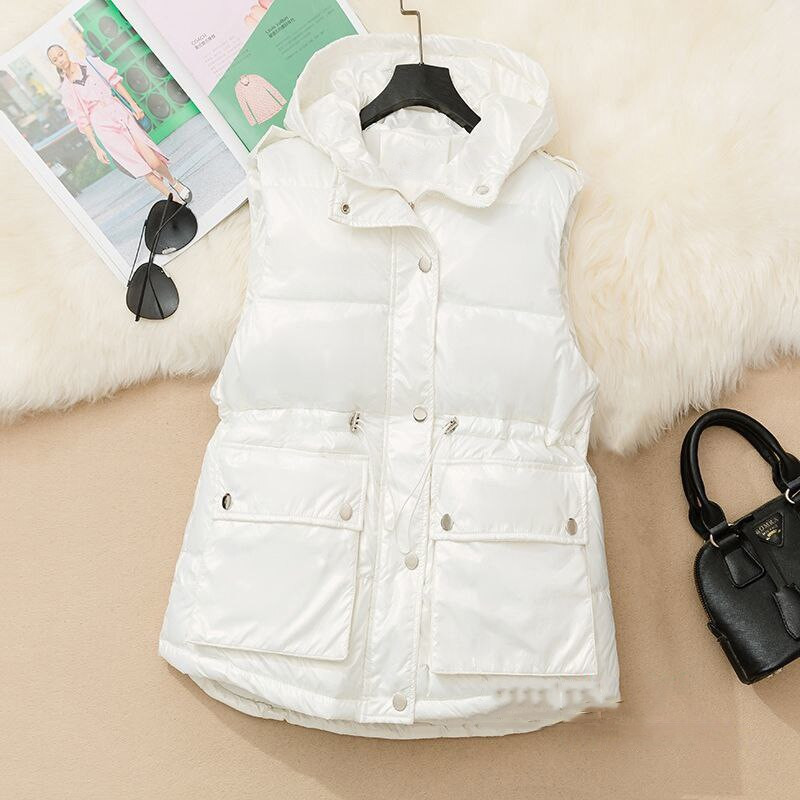 Ar kapuci spīdīga kokvilnas rāvējslēdzēja veste sieviešu matēta melna liela kabata bezpiedurknēm jaka ziemas pavasara polsterēta veste