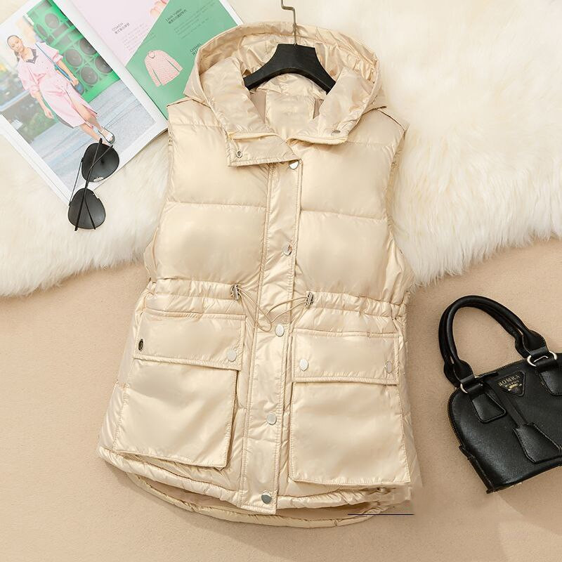 Ar kapuci spīdīga kokvilnas rāvējslēdzēja veste sieviešu matēta melna liela kabata bezpiedurknēm jaka ziemas pavasara polsterēta veste