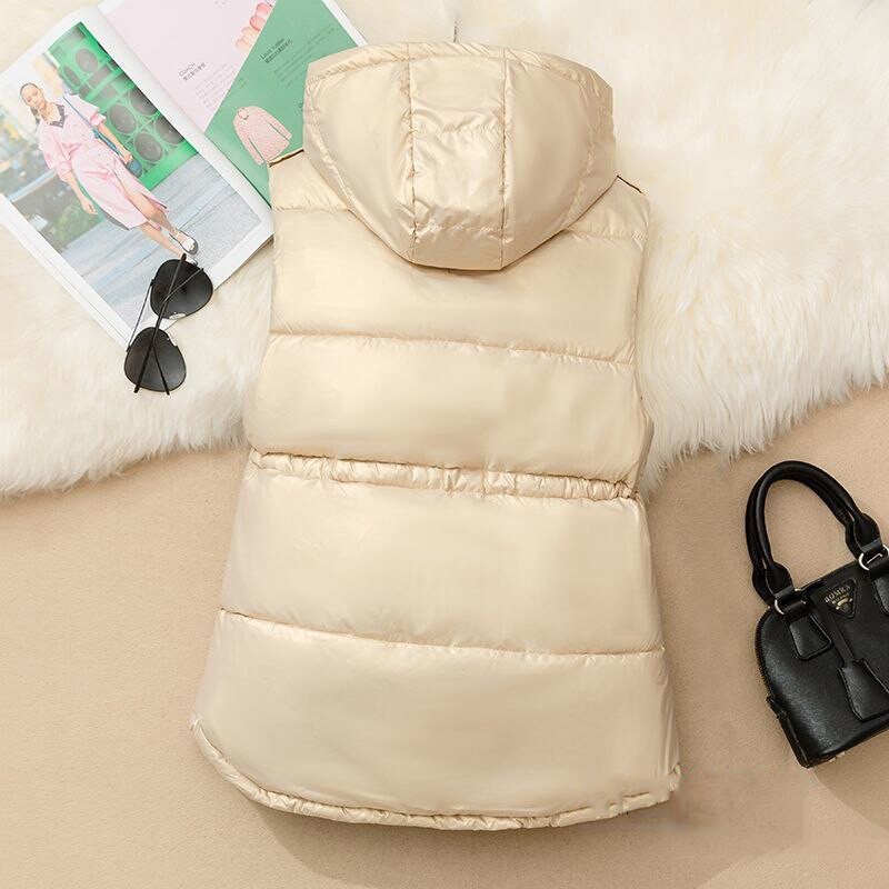 Ar kapuci spīdīga kokvilnas rāvējslēdzēja veste sieviešu matēta melna liela kabata bezpiedurknēm jaka ziemas pavasara polsterēta veste