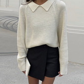 Pulover Ženska zima 2022 Jednobojni pulover na rever Gornji široki ležerni pulover Ženska zimska odjeća