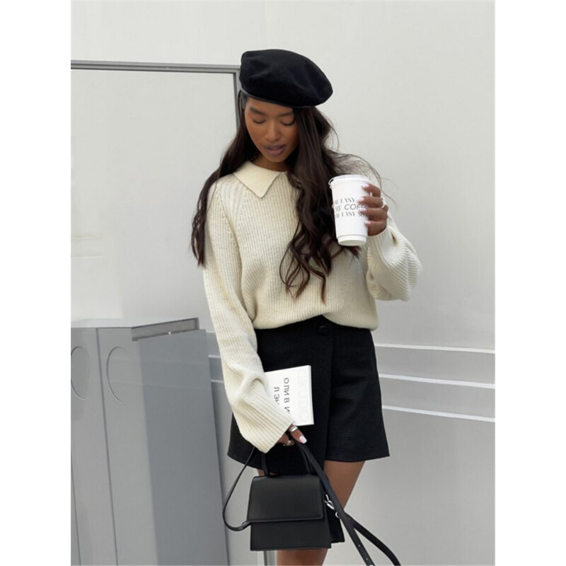 Pulover Ženska zima 2022 Jednobojni pulover na rever Gornji široki ležerni pulover Ženska zimska odjeća