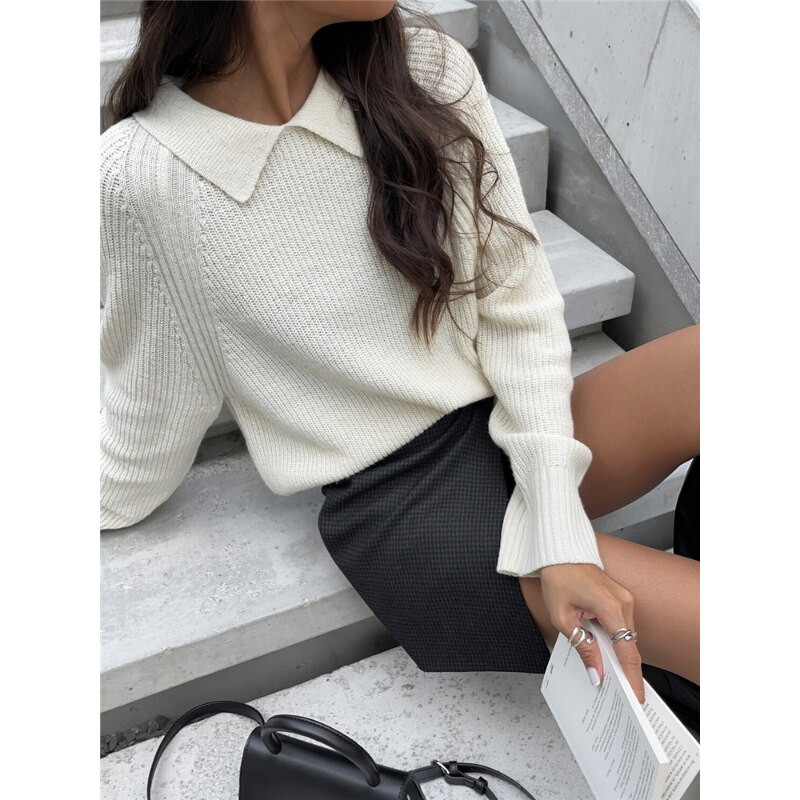 Pulover Ženska zima 2022 Jednobojni pulover na rever Gornji široki ležerni pulover Ženska zimska odjeća