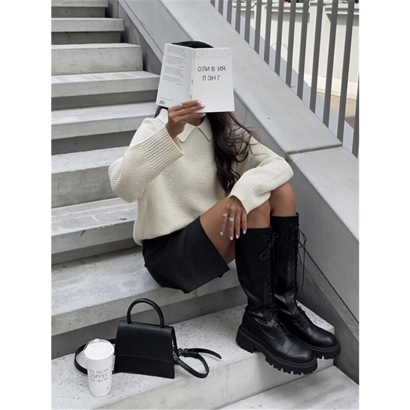 Pulover Ženska zima 2022 Jednobojni pulover na rever Gornji široki ležerni pulover Ženska zimska odjeća