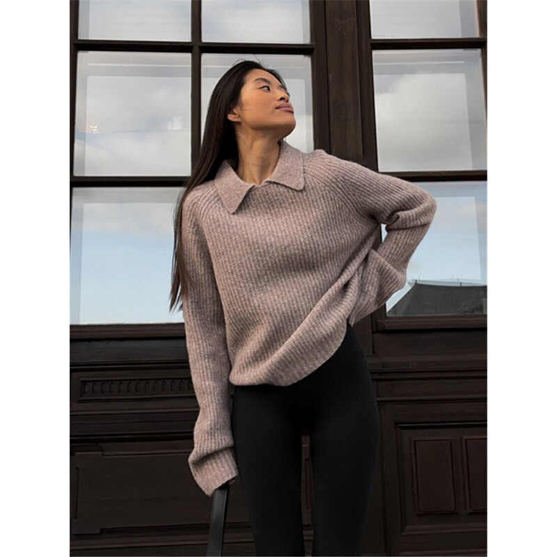 Pulover Ženska zima 2022 Jednobojni pulover na rever Gornji široki ležerni pulover Ženska zimska odjeća