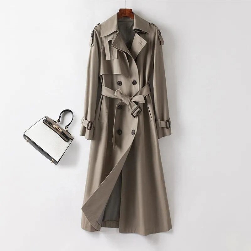 2022. gada rudens elegants sieviešu vējjaka ar divrindu jostu, gadījuma rakstura atloks ar garām piedurknēm, vēja necaurlaidīgs sieviešu virsdrēbes