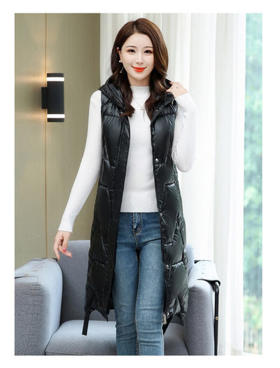 Sniega valkāt silta gara veste Sieviešu ziemas veste jaka ar kapuci Virsdrēbes sieviešu spīdīga parka jaka bez piedurknēm Mujer mēteļi S-5XL