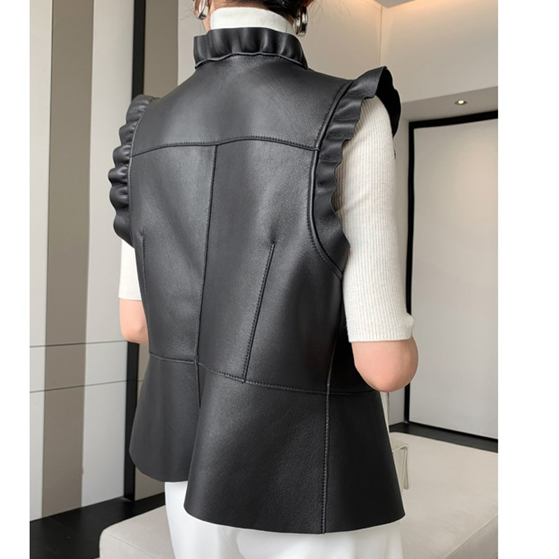 Eleganta, intelektuāla volānveida veste sievietēm, 100% āda, melna bēša, plāna veste Mujer džemperis Manteau jaka bez piedurknēm