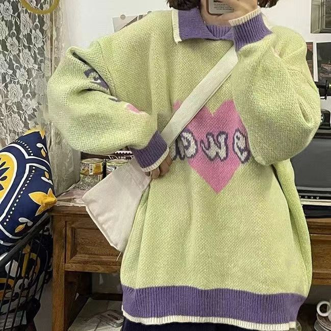Y2k Μοτίβο καρδιάς Γυναικείο πουλόβερ χειμώνας 2022 Νεράιδα grunge Φορέστε χαλαρά κορυφαία πουλόβερ κορεατικής μόδας Γυναικεία μακρυμάνικα πουλόβερ