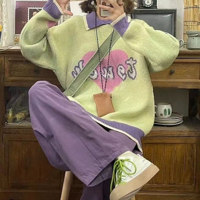 Y2k Μοτίβο καρδιάς Γυναικείο πουλόβερ χειμώνας 2022 Νεράιδα grunge Φορέστε χαλαρά κορυφαία πουλόβερ κορεατικής μόδας Γυναικεία μακρυμάνικα πουλόβερ