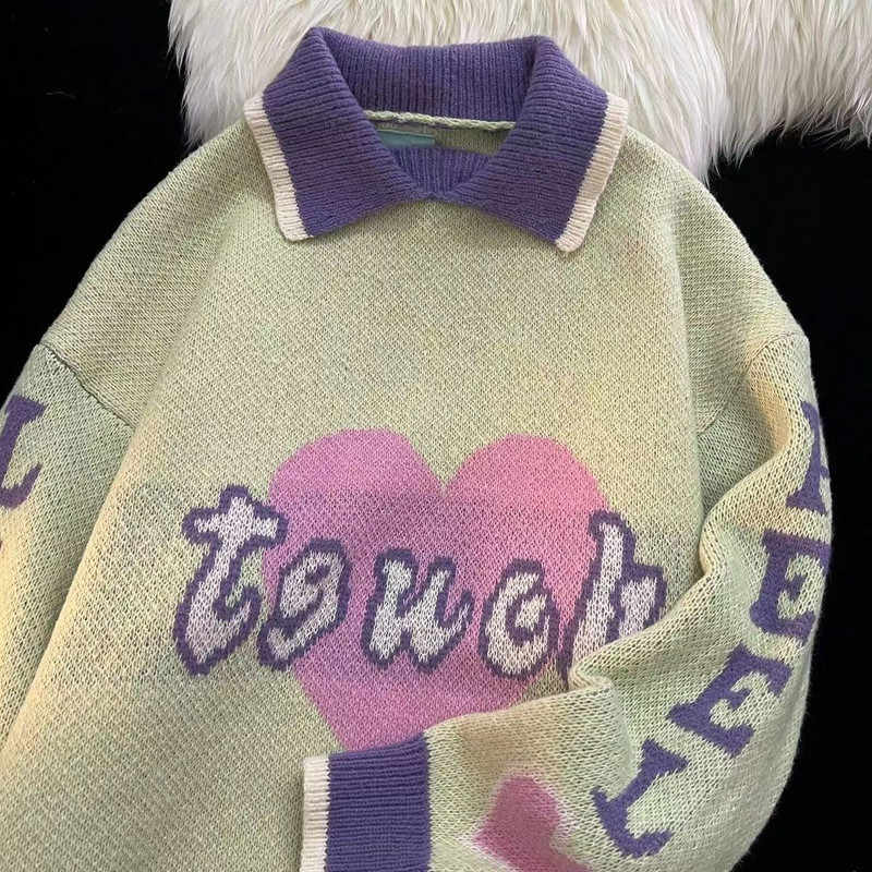 Y2k Μοτίβο καρδιάς Γυναικείο πουλόβερ χειμώνας 2022 Νεράιδα grunge Φορέστε χαλαρά κορυφαία πουλόβερ κορεατικής μόδας Γυναικεία μακρυμάνικα πουλόβερ