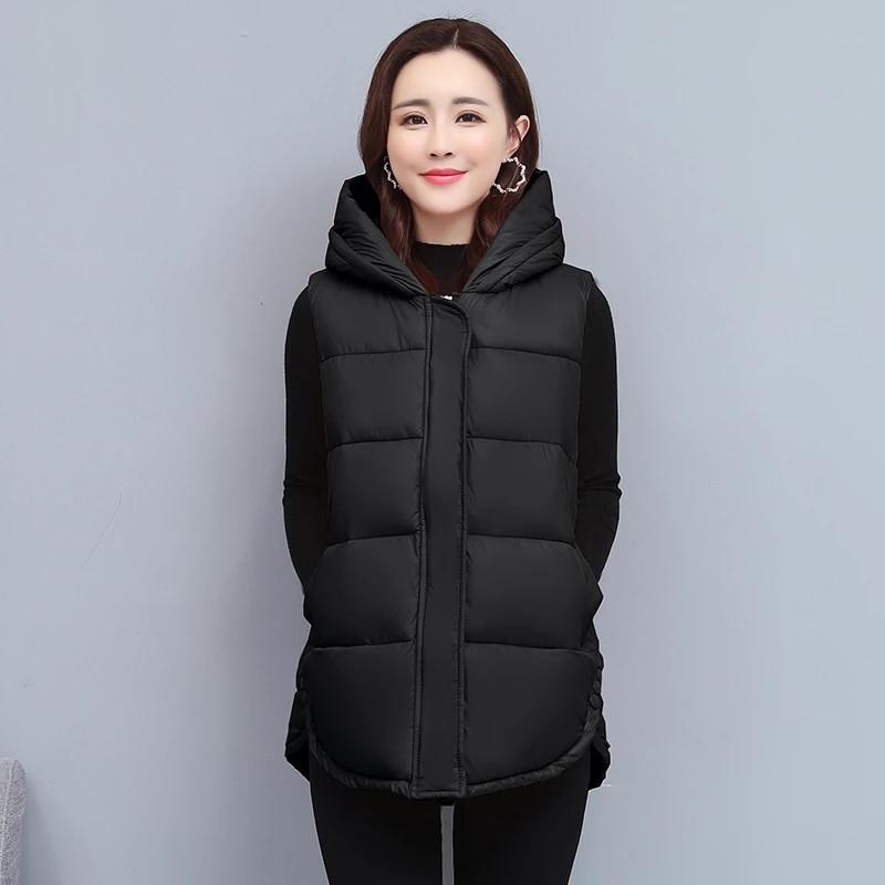 Γυναικείο χειμερινό γιλέκο Παλτό με φερμουάρ με κουκούλα Βαμβακερό τζάκετ Parkas Γυναικείο ζεστό φαρδύ μεσαίο γυναικείο αμάνικο μπουφάν