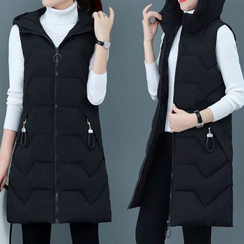 2022 Γυναικείο μακρύ βαμβακερό γιλέκο με κουκούλα Χειμερινό ζεστό γυναικείο αμάνικο φοιτητικό γιλέκο για κορίτσια Γυναικείο παλτό με βαμβακερή επένδυση