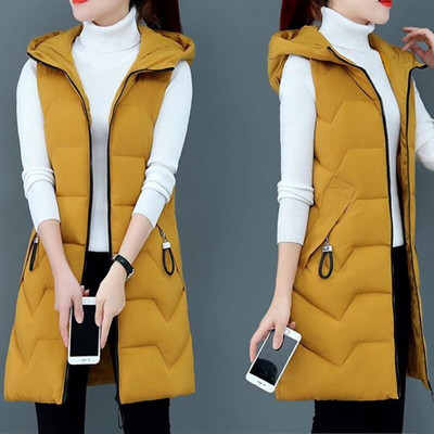 2022 Γυναικείο μακρύ βαμβακερό γιλέκο με κουκούλα Χειμερινό ζεστό γυναικείο αμάνικο φοιτητικό γιλέκο για κορίτσια Γυναικείο παλτό με βαμβακερή επένδυση