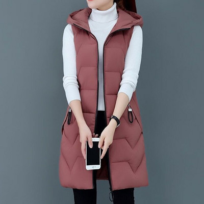 2022 Γυναικείο μακρύ βαμβακερό γιλέκο με κουκούλα Χειμερινό ζεστό γυναικείο αμάνικο φοιτητικό γιλέκο για κορίτσια Γυναικείο παλτό με βαμβακερή επένδυση