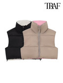 TRAF naiste moe ümberpööratav tepitud polsterdatud vest mantel Vintage kõrge kaelusega ees tõmblukuga naiste vest šikk tops