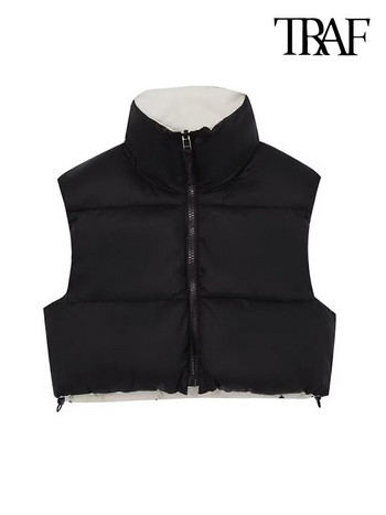 TRAF Women Fashion Reversible καπιτονέ παλτό γιλέκο με επένδυση Vintage Γυναικείο γιλέκο με φερμουάρ μπροστά