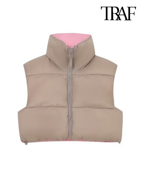 TRAF naiste moe ümberpööratav tepitud polsterdatud vest mantel Vintage kõrge kaelusega ees tõmblukuga naiste vest šikk tops