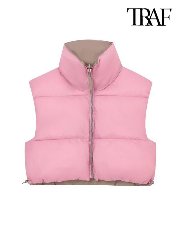 TRAF naiste moe ümberpööratav tepitud polsterdatud vest mantel Vintage kõrge kaelusega ees tõmblukuga naiste vest šikk tops