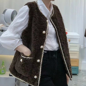 Γυναικείο χειμωνιάτικο γιλέκο Vintage χοντρές ζεστές αρνίσιες μπλούζες Κορεάτικου στυλ Κομψό γυναικείο ιδιοσυγκρασία με κουμπί επάνω Αμάνικο ρούχο Ζεστά ρούχα