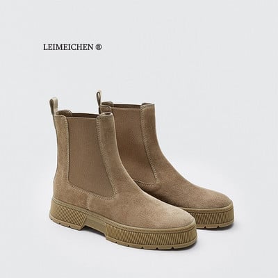 LEIMEICHEN Ziemas zābaki Sievietēm Anglija Stils Mode Vienkārša īsta āda zamšādas Chelsea apavi Sieviešu Botas Mujer apavi sievietēm