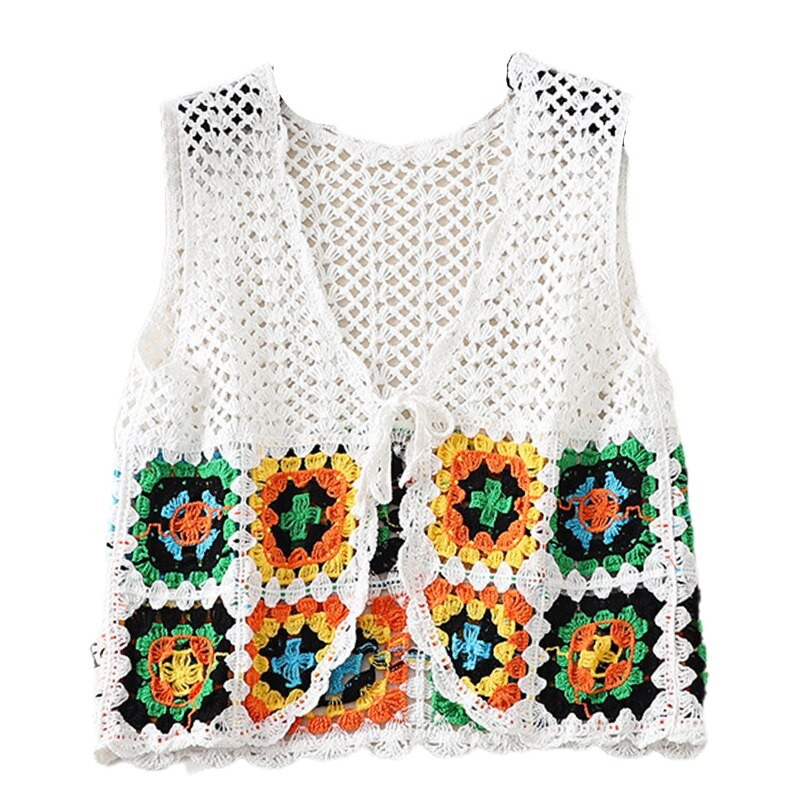 Sieviešu tamborēta, adīta veste, mežģīne, atvērta priekšpusē bez piedurknēm Crop jaciņa Ethnic krāsains rūtains džemperis veste paraustīt plecus jaka