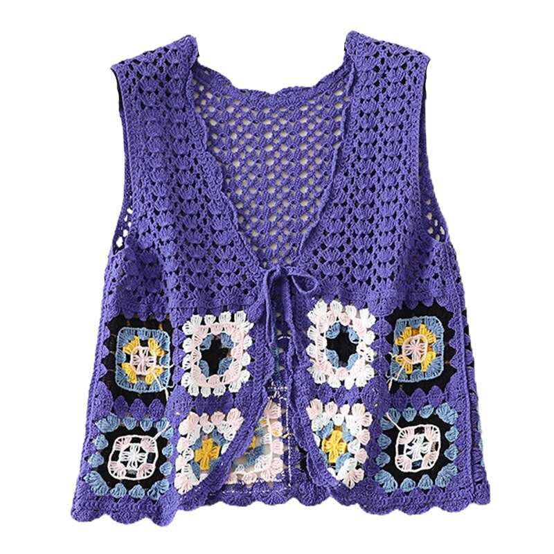 Sieviešu tamborēta, adīta veste, mežģīne, atvērta priekšpusē bez piedurknēm Crop jaciņa Ethnic krāsains rūtains džemperis veste paraustīt plecus jaka