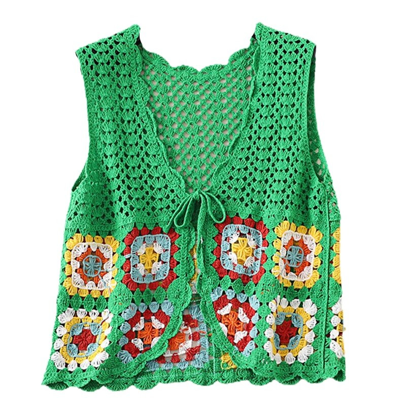 Sieviešu tamborēta, adīta veste, mežģīne, atvērta priekšpusē bez piedurknēm Crop jaciņa Ethnic krāsains rūtains džemperis veste paraustīt plecus jaka