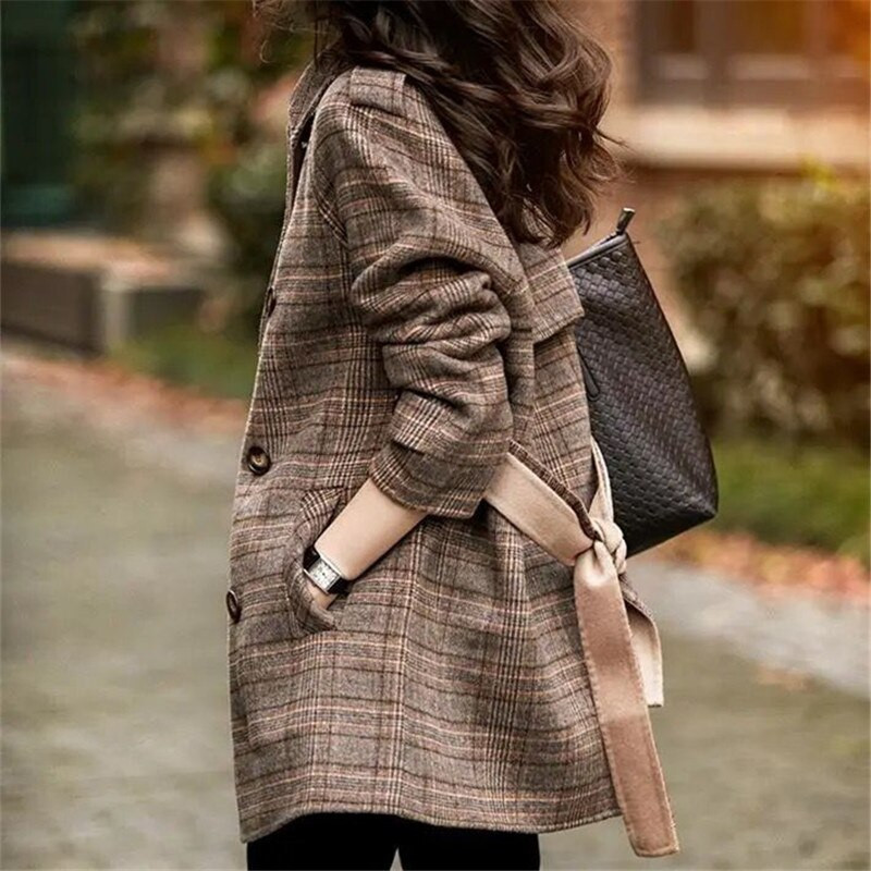 Sieviešu vilnas mētelis Pavasara un rudens jauns rūtains atloks ar divrindu kabatas mežģīnēm Modes jaka ikdienas sieviešu apģērbs ZM632