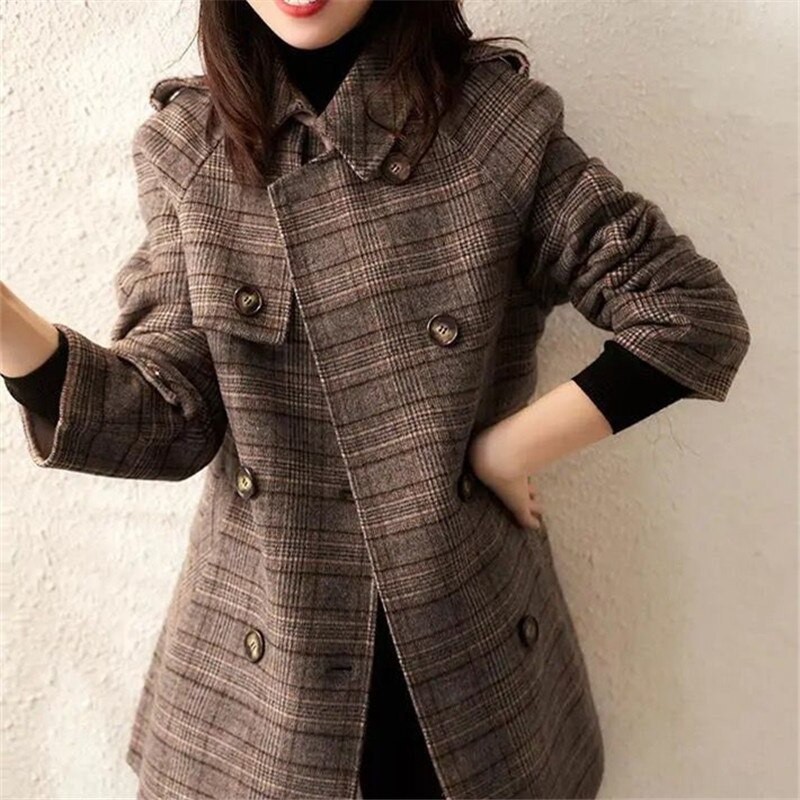 Sieviešu vilnas mētelis Pavasara un rudens jauns rūtains atloks ar divrindu kabatas mežģīnēm Modes jaka ikdienas sieviešu apģērbs ZM632