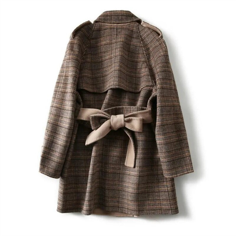 Sieviešu vilnas mētelis Pavasara un rudens jauns rūtains atloks ar divrindu kabatas mežģīnēm Modes jaka ikdienas sieviešu apģērbs ZM632