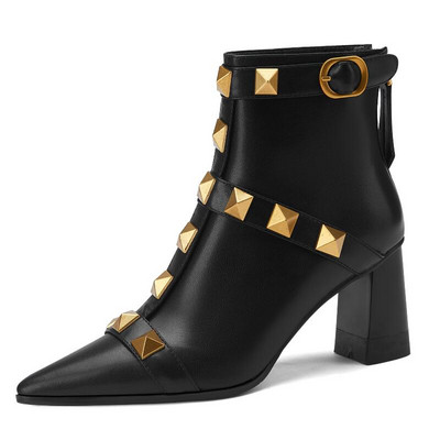 Zīmola bieza papēža kniedes īsi zābaki 2022. gada rudens, jauns modes smails purngals sieviešu apavi Melni brūni balti liela izmēra