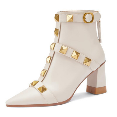 Zīmola bieza papēža kniedes īsi zābaki 2022. gada rudens, jauns modes smails purngals sieviešu apavi Melni brūni balti liela izmēra