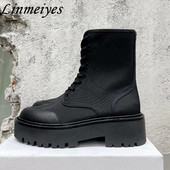 Rudens ziemas ikdienas īsi zābaki sievietēm, biezas zoles augstums, palielinoši potītes zābaki  motociklu zābaki sievietēm Botas