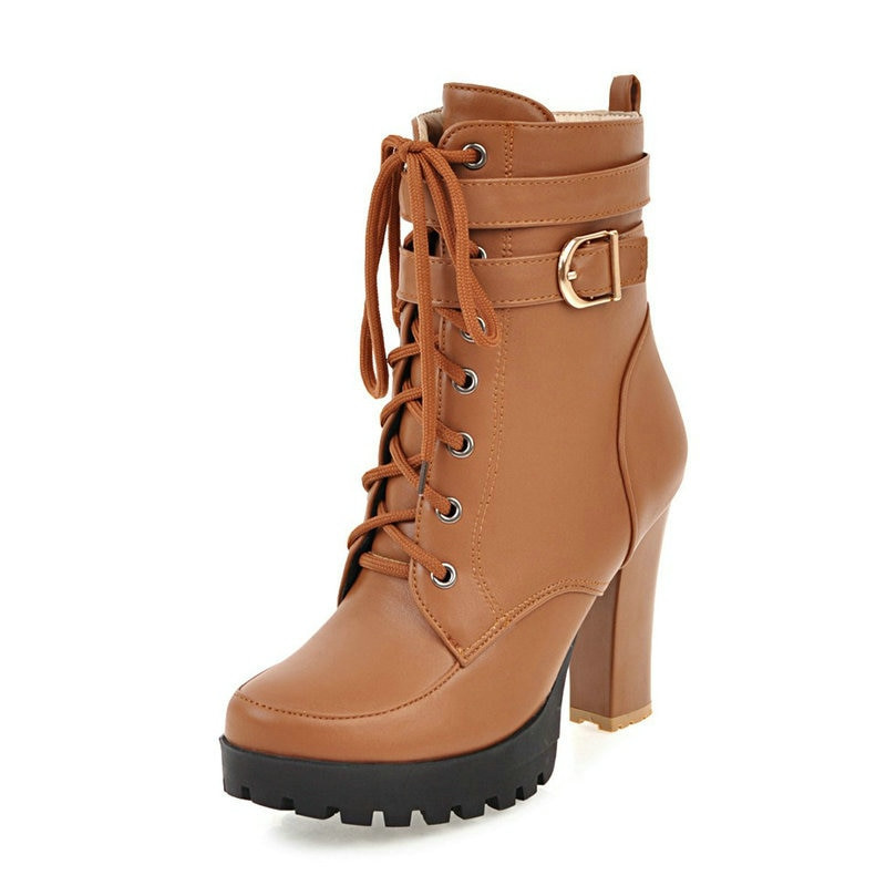 Γυναικείες άνετες τετράγωνες ψηλοτάκουνες μπότες πλατφόρμας μόδας αγκράφα Στρογγυλές μπότες Φθινοπωρινές χειμερινές μπότες αστράγαλο μαύρο καφέ λευκό