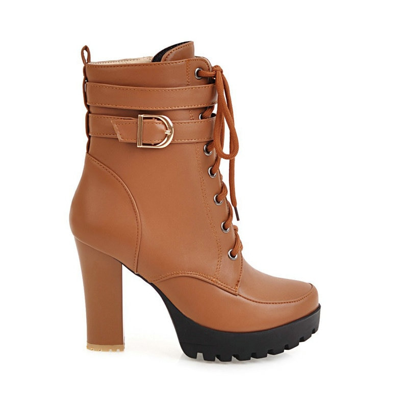 Γυναικείες άνετες τετράγωνες ψηλοτάκουνες μπότες πλατφόρμας μόδας αγκράφα Στρογγυλές μπότες Φθινοπωρινές χειμερινές μπότες αστράγαλο μαύρο καφέ λευκό