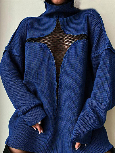 Γυναικεία πουλόβερ Harajuku Hollow Out Splice Mesh Γυναικεία σέξι μασίφ πουλόβερ με ζιβάγκο Y2K 2022 Casual πλεκτά πλεκτά υψηλής οδού