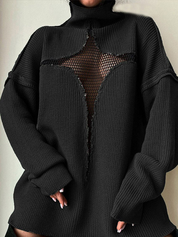 Γυναικεία πουλόβερ Harajuku Hollow Out Splice Mesh Γυναικεία σέξι μασίφ πουλόβερ με ζιβάγκο Y2K 2022 Casual πλεκτά πλεκτά υψηλής οδού