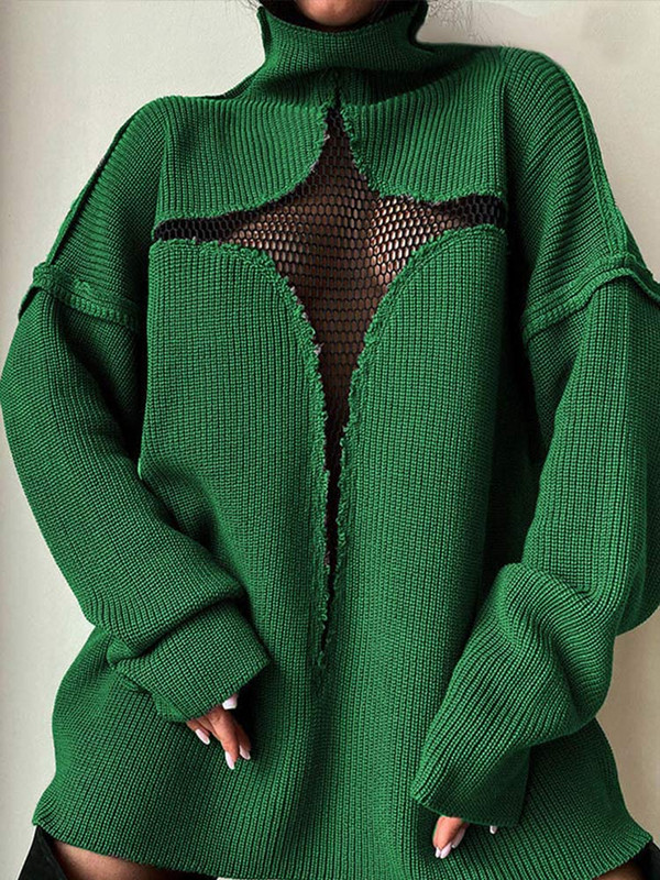 Γυναικεία πουλόβερ Harajuku Hollow Out Splice Mesh Γυναικεία σέξι μασίφ πουλόβερ με ζιβάγκο Y2K 2022 Casual πλεκτά πλεκτά υψηλής οδού