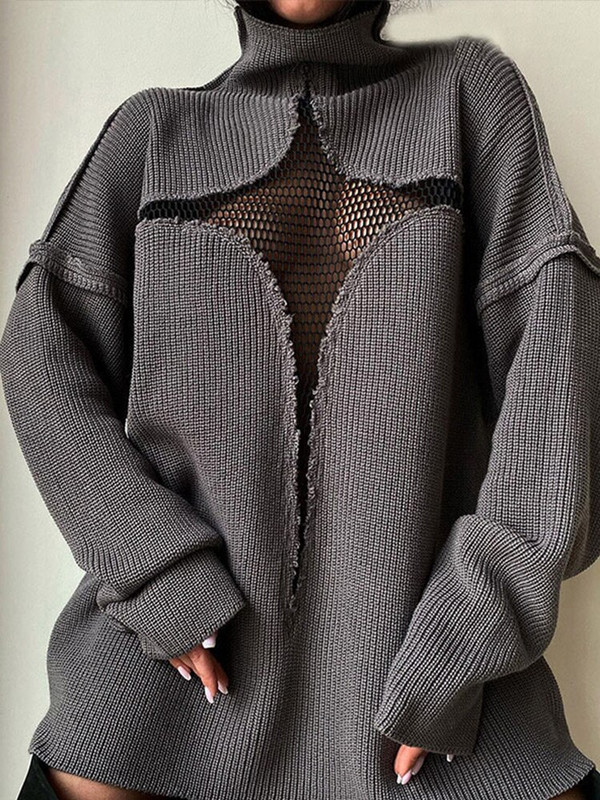 Γυναικεία πουλόβερ Harajuku Hollow Out Splice Mesh Γυναικεία σέξι μασίφ πουλόβερ με ζιβάγκο Y2K 2022 Casual πλεκτά πλεκτά υψηλής οδού