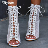Eilyken Fashion Διάφανες τετράγωνες γόβες Γυναικείες μπότες Σανδάλια Lace Up Peep Toe Ψηλοτάκουνο Gleast Strap Net Surface Hollow Out παπούτσι