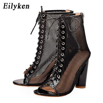 Eilyken Fashion Transparent Square heels Women Boots Sandals Lace Up Peep Toe High Heel Gleast Strap Net Surface Hollow Out shoe