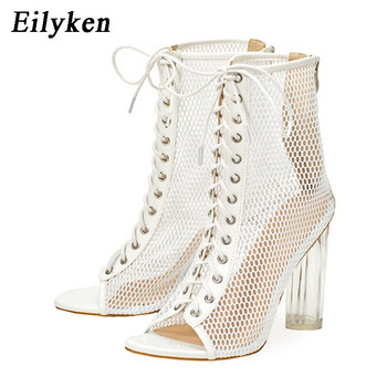 Eilyken Fashion Transparent Square heels Women Boots Sandals Lace Up Peep Toe High Heel Gleast Strap Net Surface Hollow Out shoe