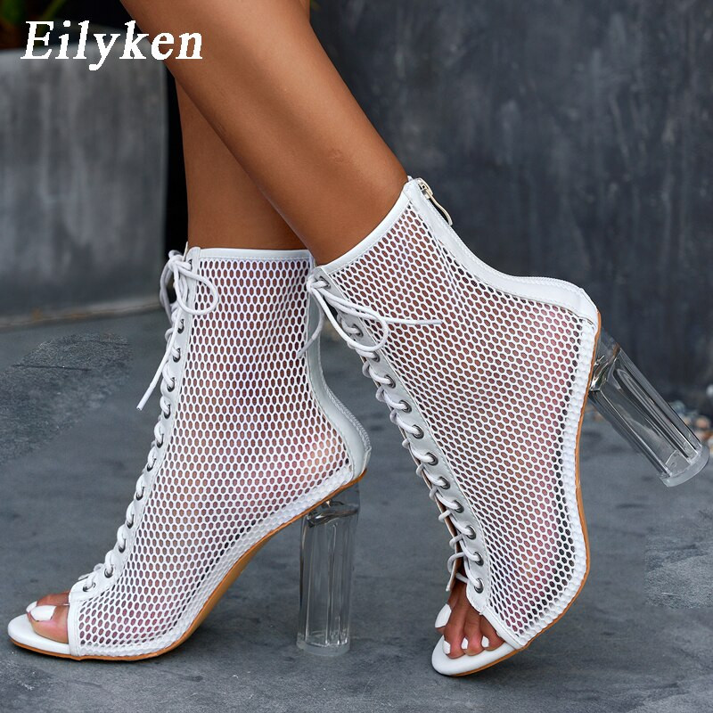 Eilyken Fashion Διάφανες τετράγωνες γόβες Γυναικείες μπότες Σανδάλια Lace Up Peep Toe Ψηλοτάκουνο Gleast Strap Net Surface Hollow Out παπούτσι