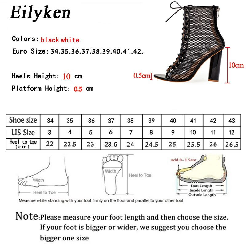 Eilyken Fashion Διάφανες τετράγωνες γόβες Γυναικείες μπότες Σανδάλια Lace Up Peep Toe Ψηλοτάκουνο Gleast Strap Net Surface Hollow Out παπούτσι