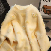 Kremasto žuta niša nježnog stila flocking ljubavni džemper ženski jesenski i zimski opušteni niche chic mekani voštani džemper