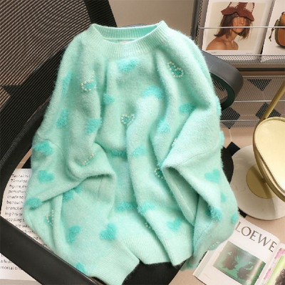 Kremasto žuta niša nježnog stila flocking ljubavni džemper ženski jesenski i zimski opušteni niche chic mekani voštani džemper