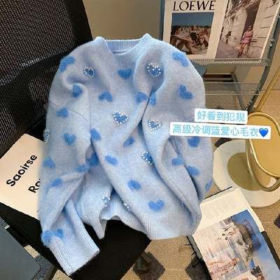 Kremasto žuta niša nježnog stila flocking ljubavni džemper ženski jesenski i zimski opušteni niche chic mekani voštani džemper