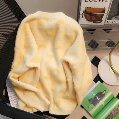 Kremasto žuta niša nježnog stila flocking ljubavni džemper ženski jesenski i zimski opušteni niche chic mekani voštani džemper
