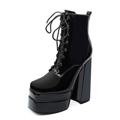 2022 Νέα γυναικεία μποτάκια αστραγάλου τετράγωνα ψηλοτάκουνα ψηλοτάκουνα παλτφόρμα γυναικεία παπούτσια Γυναικεία παπούτσια Pu Soild Color Lace Up Κοντές μπότες